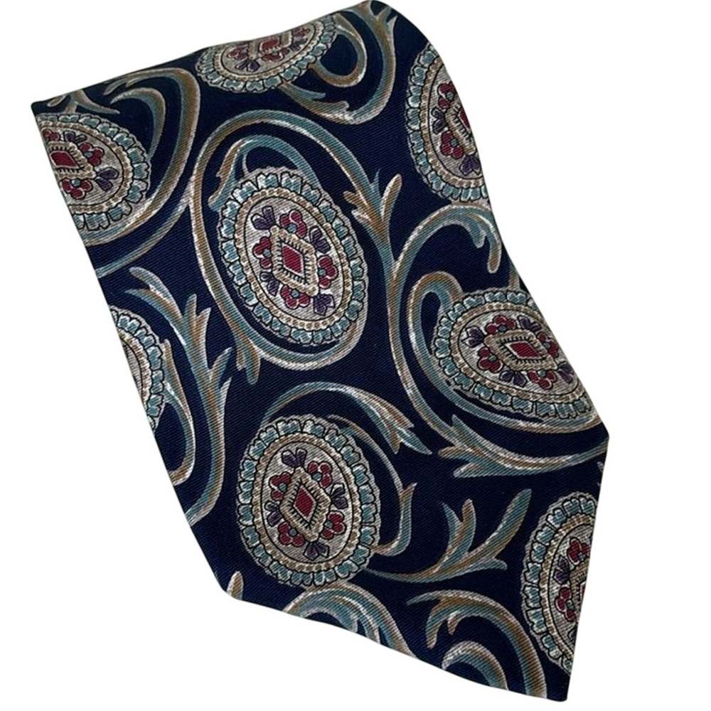 Oscar de‎ la Renta Mens Tie Navy Jewel Tone Silk Printed 58" Long